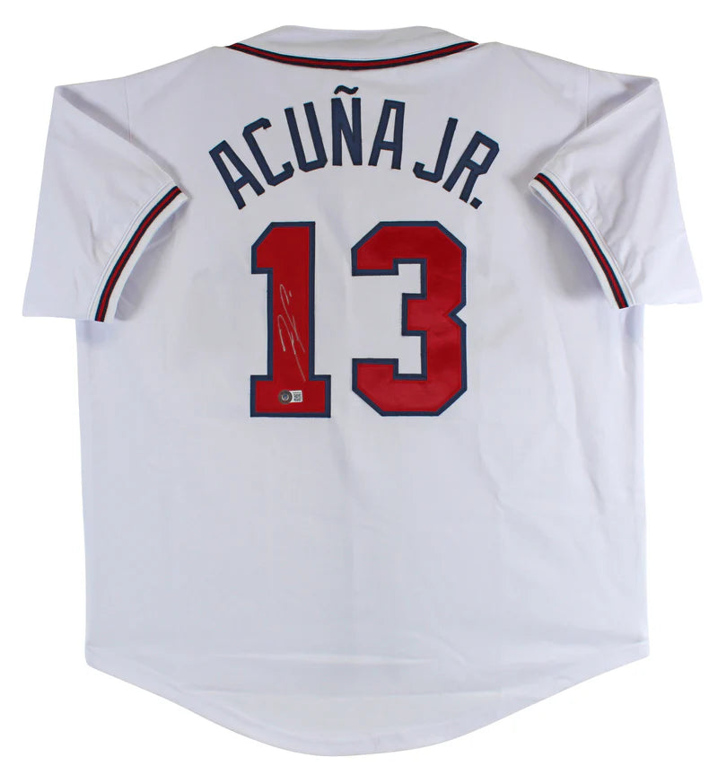 Ronald Acuna Jr Signed White Pro Style Baseball Jersey with Beckett Witness